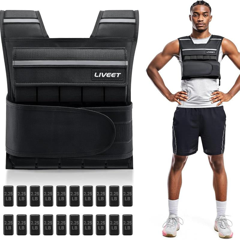 【Fallfreshness Deal】Liveet Adjustable Iron Sand Weighted Vest for Men Women, 20Lb 30Lb 45Lb 60Lb Weight Vest with Removable Weights, Heavy Duty Running Vest with Reflective Strips for Walking Strength Training Calisthenics,Bone Health, Core& Posture Boost