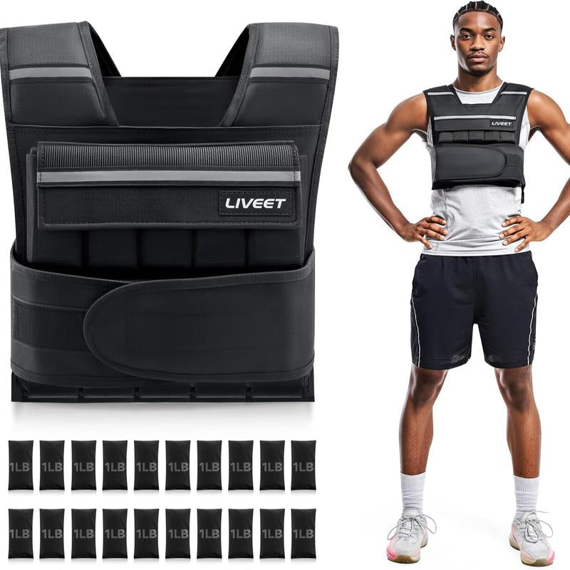 【Fallfreshness Deal】Liveet Adjustable Iron Sand Weighted Vest for Men Women, 20Lb 30Lb 45Lb 60Lb Weight Vest with Removable Weights, Heavy Duty Running Vest with Reflective Strips for Walking Strength Training Calisthenics,Bone Health, Core& Posture Boost
