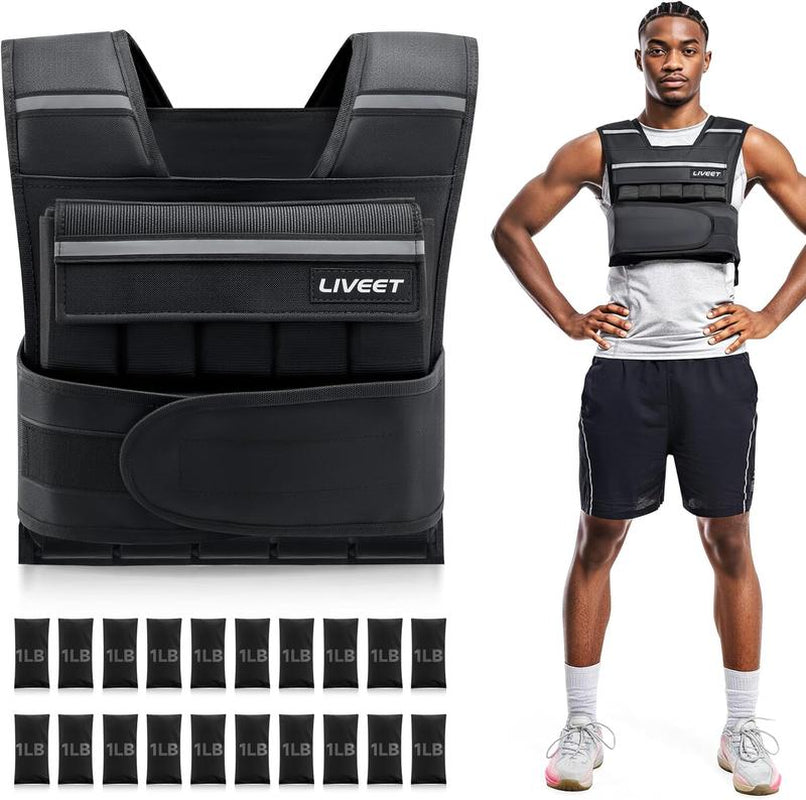 【Fallfreshness Deal】Liveet Adjustable Iron Sand Weighted Vest for Men Women, 20Lb 30Lb 45Lb 60Lb Weight Vest with Removable Weights, Heavy Duty Running Vest with Reflective Strips for Walking Strength Training Calisthenics,Bone Health, Core& Posture Boost